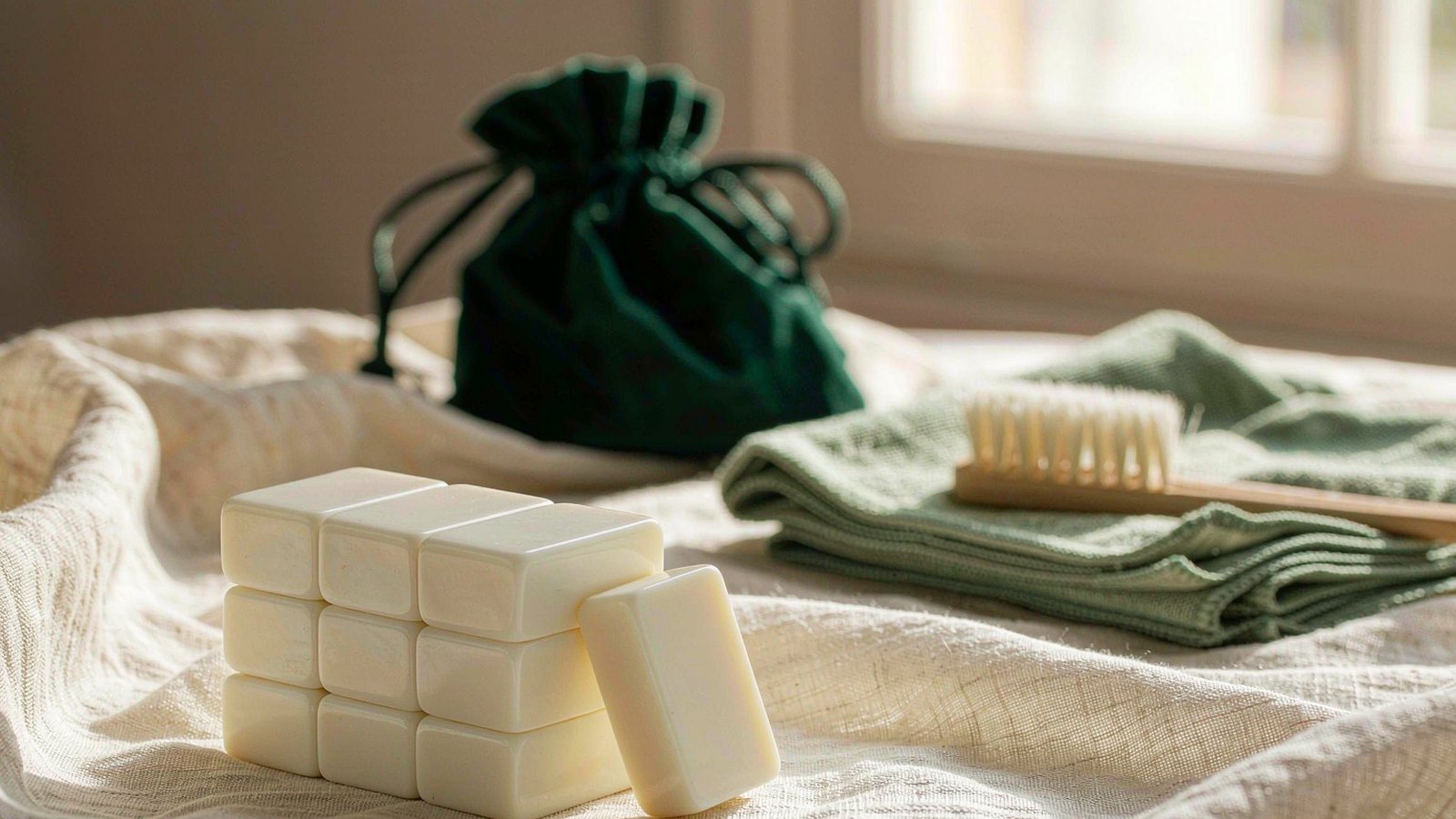 Ivory acrylic mahjong tiles on linen beside a folded sage microfiber cloth, detail brush and velvet pouch