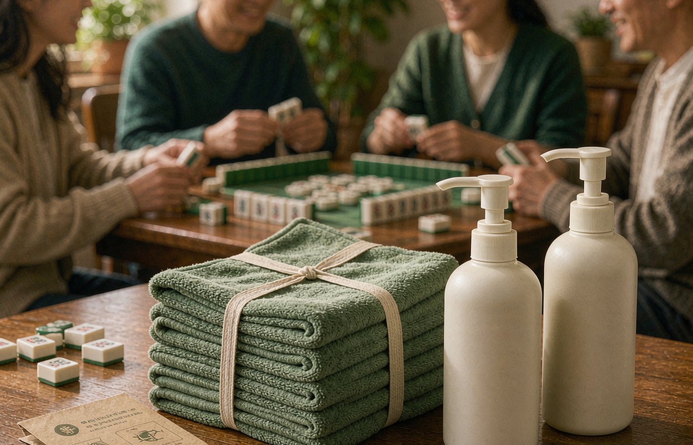 A mahjong club table with a stack of folded sage cloths and two pump bottles in the foreground
