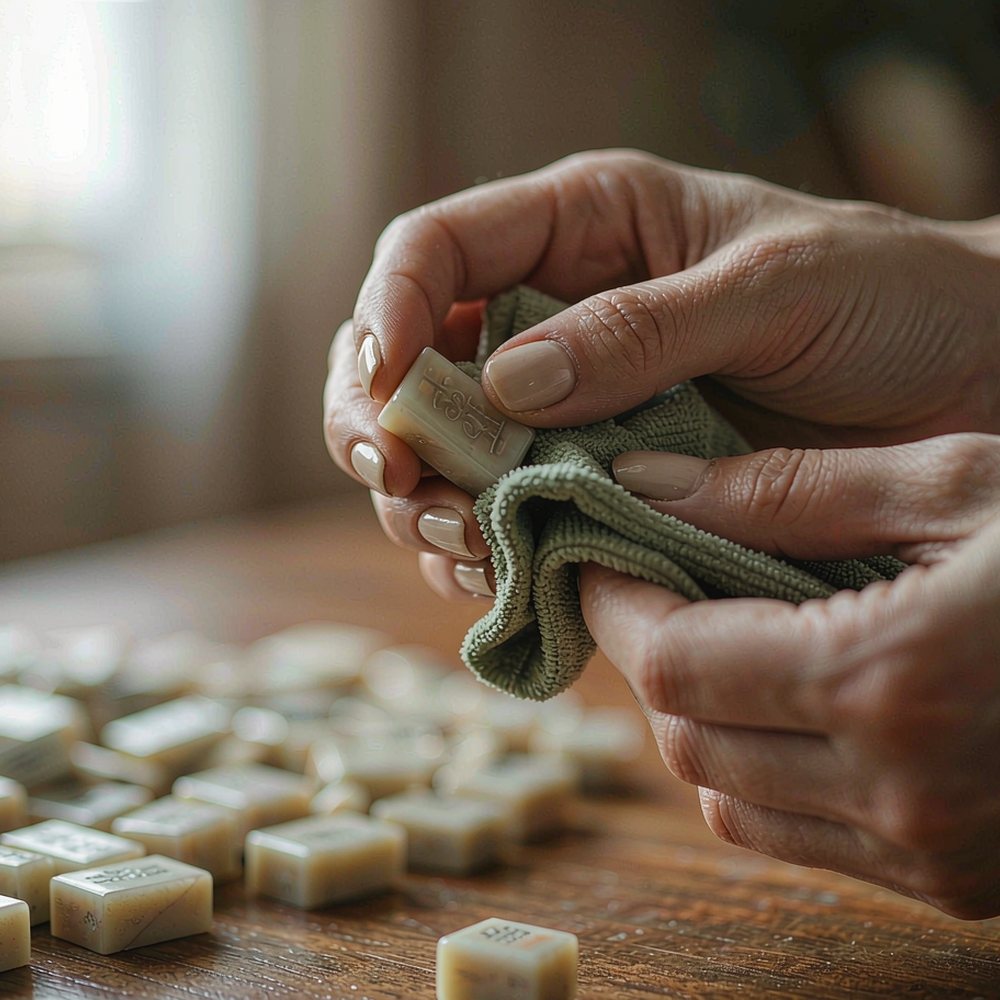Hands wiping an acrylic mahjong tile with a folded microfiber cloth